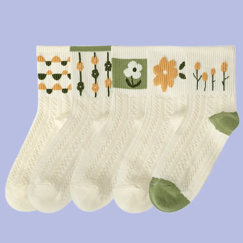 5 Pairs In Spring and Summer Trend Japanese Style Small Fresh Green Flower White Mid-Calf 2024 Fashion Socks For Women New Socks