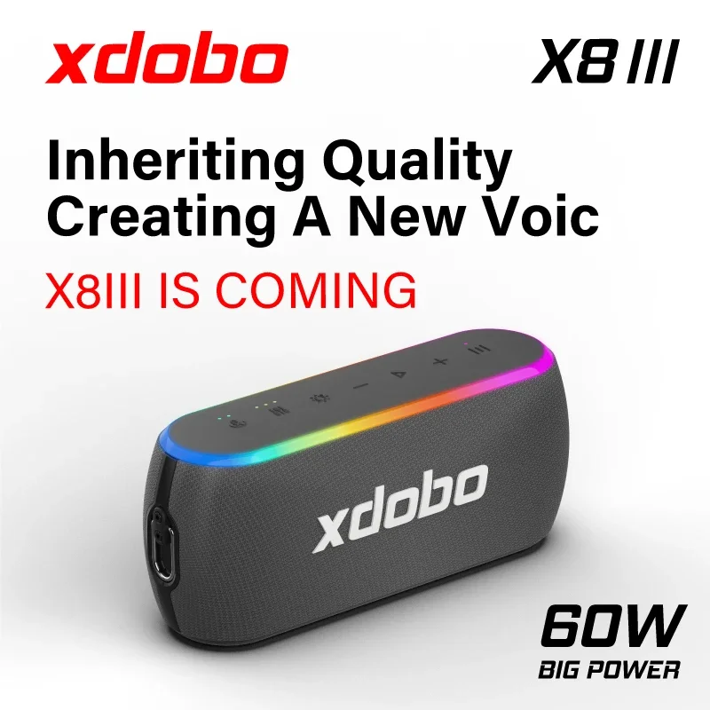 

Водонепроницаемая Колонка XDOBO X8 Ⅲ 60 Вт IPX7 BT5.3-двойные драйверы, TWS, RGB-подсветка, режимы EQ, поддержка форматов без потерь, зарядка Type-C