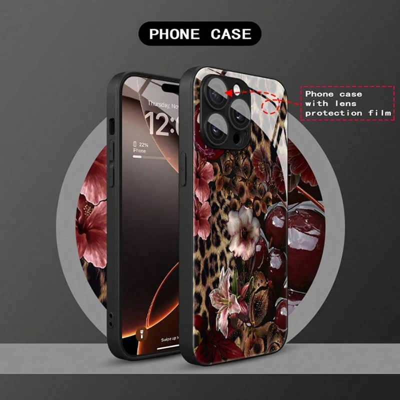 ليوبارد الكرز نمط الزجاج المقسى قضية الهاتف آيفون 17 16 15 14 13 12 11 برو ماكس 17Air 16E 7 8 15 زائد XR XS X غطاء