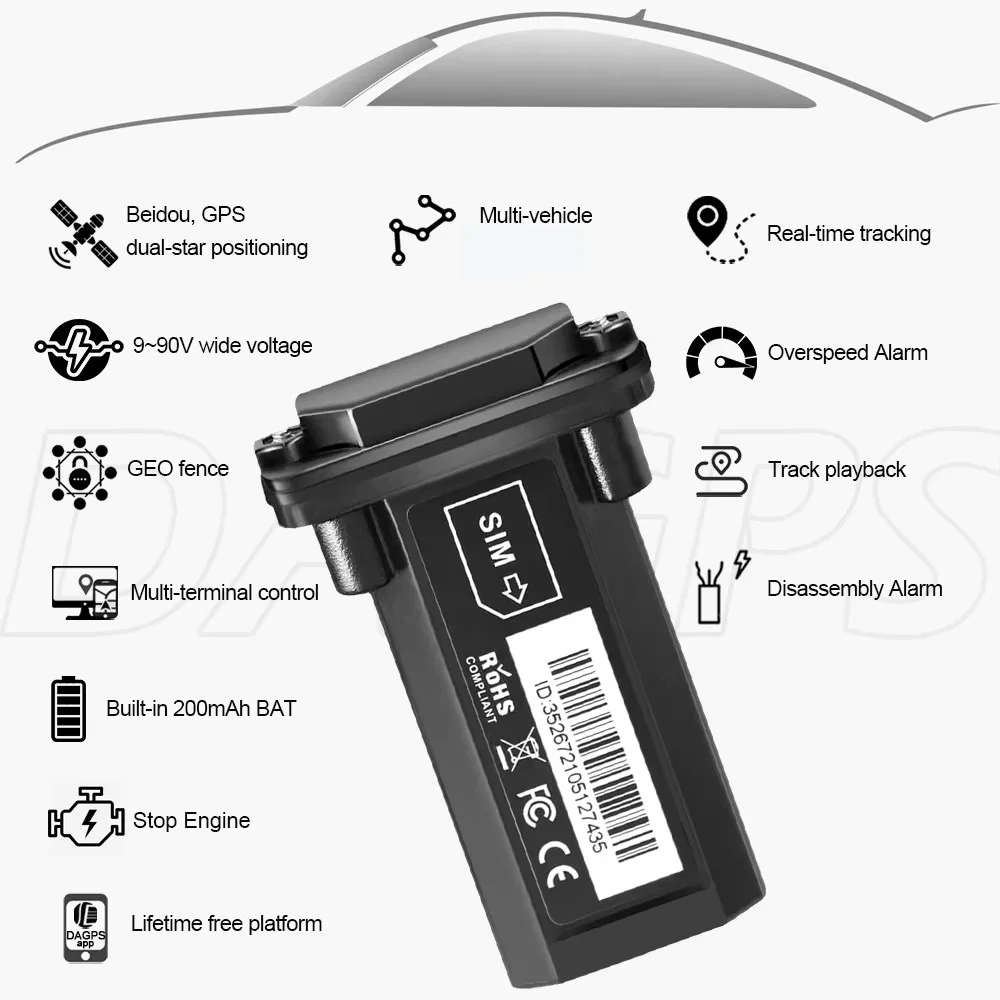 DAGPS Tracker For Vehicle ST-901 With Builtin Battery Lifetime Free APP 12~80V Wide Voltage For Car Motorcycle Waterproof GPS.
