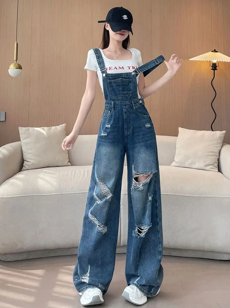 

Blue Denim Jumpsuits For Women Spring Summer Suspender Strap Hole Ripped Wide Leg Overall Loose Casual Jeans Street Wear
