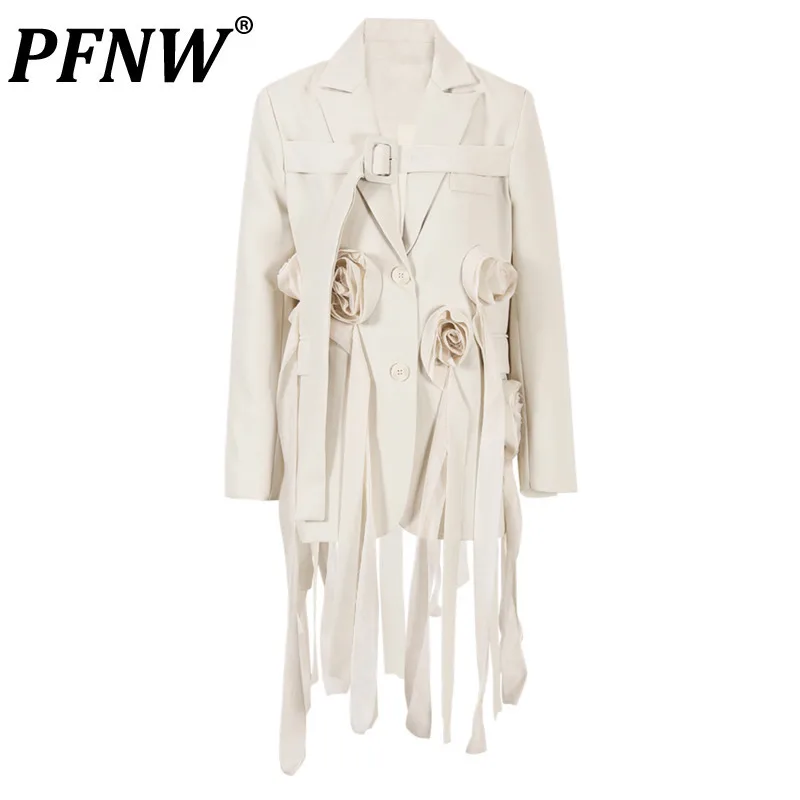 PFNW Beige Flower Irregular Long Blazer Men\'s New Lapel Long Sleeve Loose Fit Jacket Fashion Tide Spring Autumn 2024 1DF9938