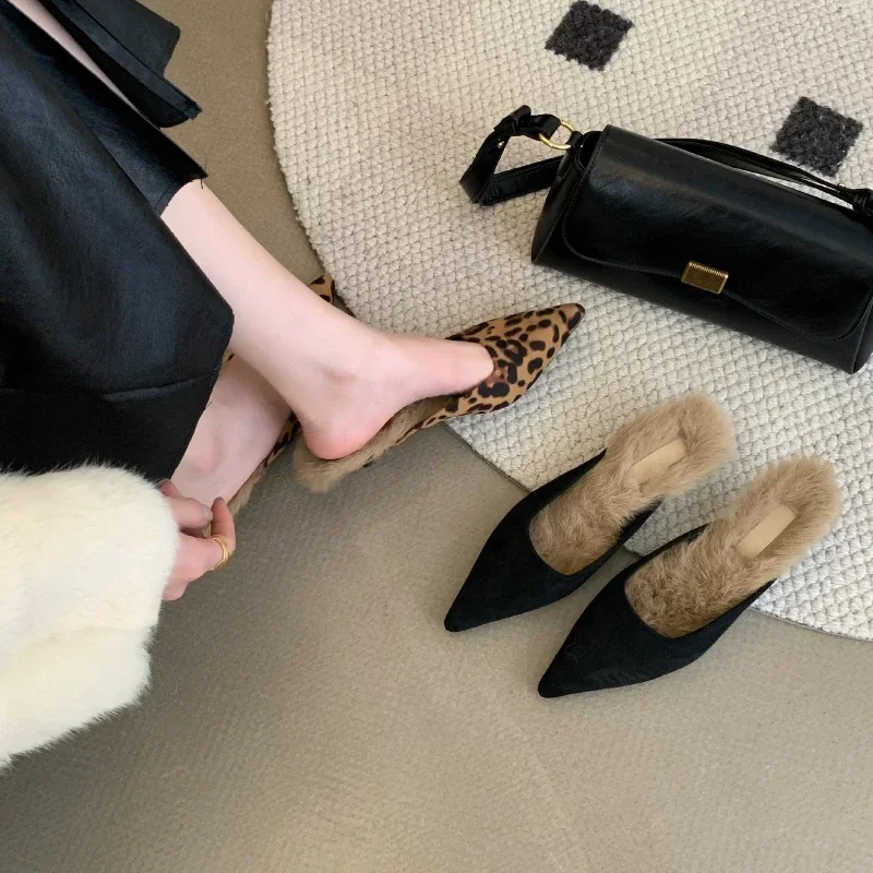 New Pointed Toe Woman Mules Home Fashion Leopard Print Women Slippers Luxury Woman Slippers Low Heels Elegant Ladies Outdoor