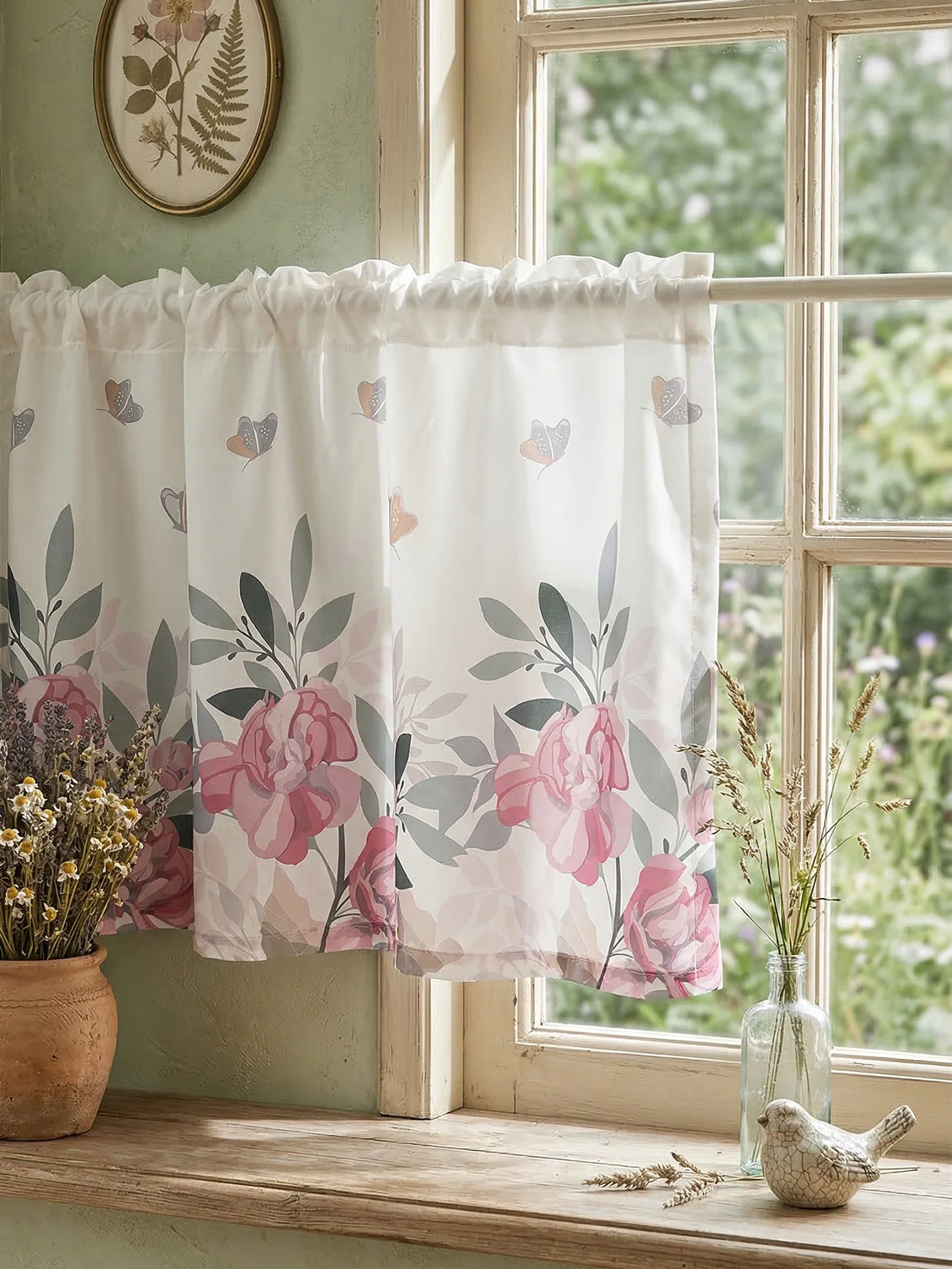 Semi Sheer Valance Curtains Red Floral Print Valance Rod Pocket Small Curtains for Kitchen Cafe Bathroom Window Treatment