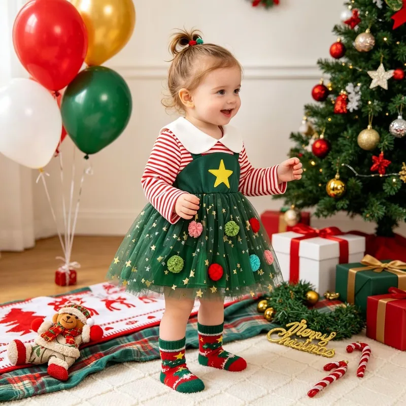 Newborn Baby Girl Christmas Tutu Dress Outfit Long Sleeve Striped Shirt with Green Star Pom Pom Mesh Skirt Xmas Party Clothes