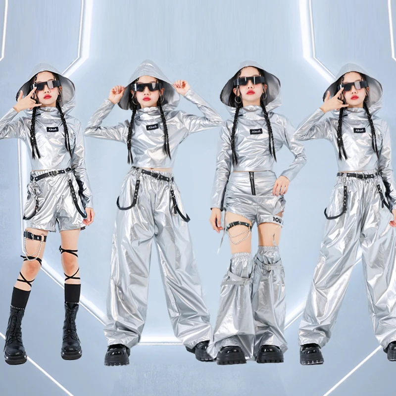 Silber Jazz Dance Anzug Mädchen Mode Street Dance Kostüm Kinder Kpop Bühne Outfit Kinder Hip Hop Kleidung Tops Shuffle Pants1051