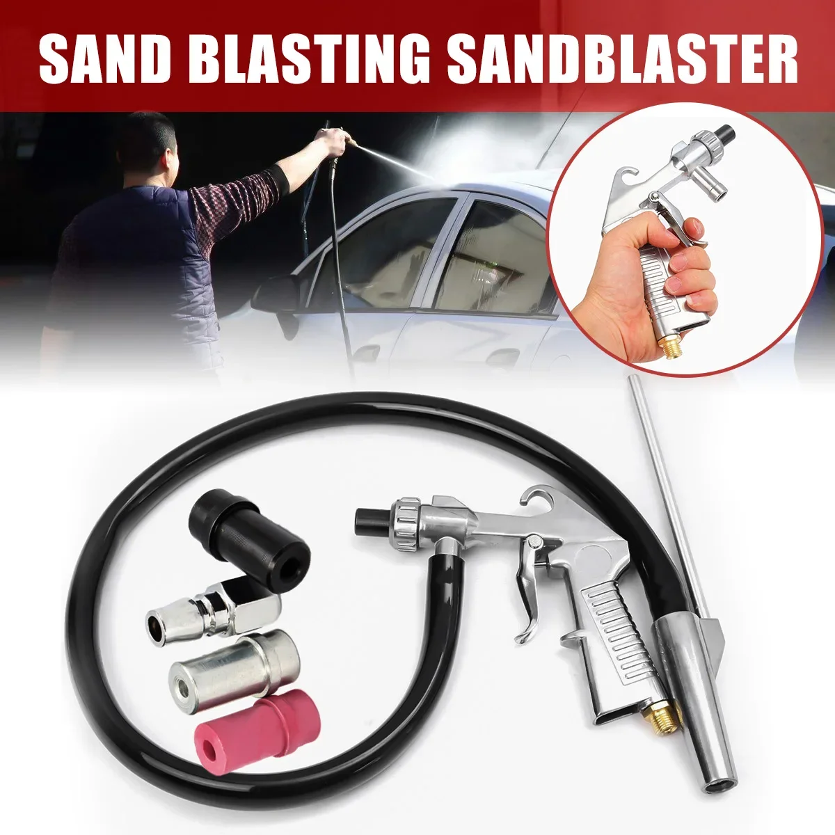 

7PCS Abrasive Sand Blasting Gun Kit 1 Ceramic Nozzle 1 Steel Nozzle 1 Sand Suction Pipe Industrial Sandblaster Gun