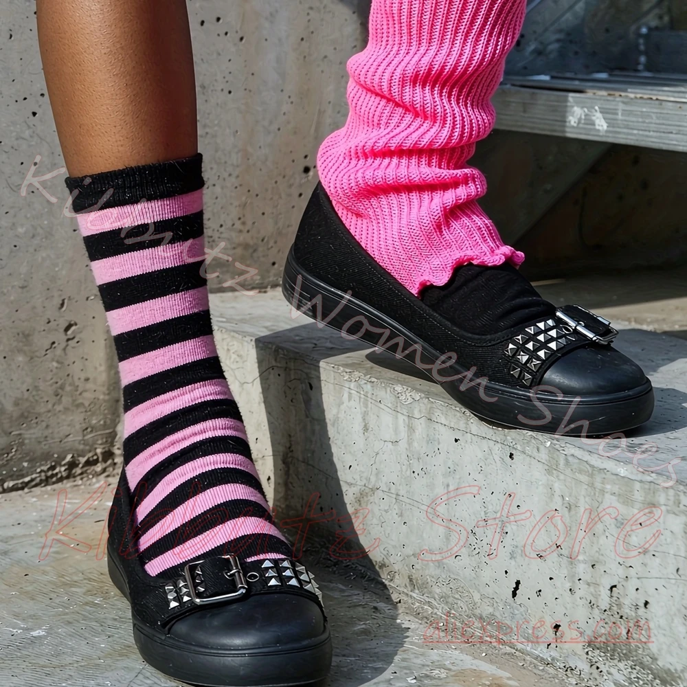 Flat with Canvas Sneakers Women Buckle Rivet Round Toe Slip On Casual Footwear Punk Goth Alternative Daily Street Style Fashion