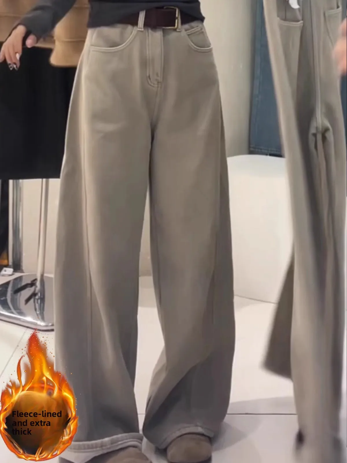 

Зимние утепленные джинсы с широкими штанинами на флисовой подкладке, с высокой талией, в повседневном стиле, свободного кроя, с эффектом похудения, брюки-буткат, серо-коричневые