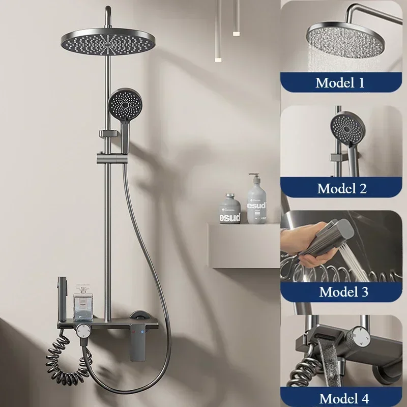 Four Ways Water Outlet Knobbed Shower Set for Bathroom Wall Mounted Rainlfall Pressurized Hot Cold Shower Faucet System