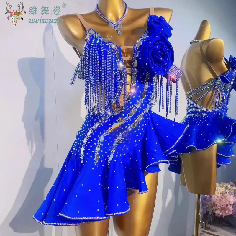 女性用ラテンダンスドレス、カスタムメイド、シニア向けABストーンフリンジドレス、大人と子供用プロフェッショナルパフォーマンス衣装