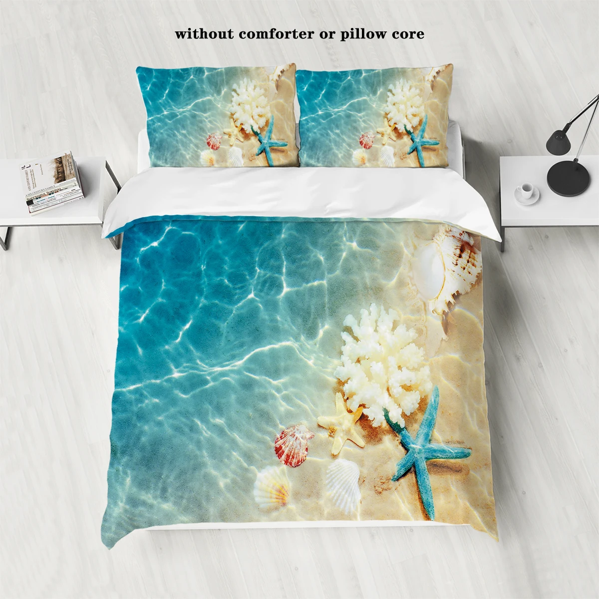 

3-piece underwater shark starfish pattern printed down duvet cover (1 duvet cover+2 pillowcases, no core) bedding set