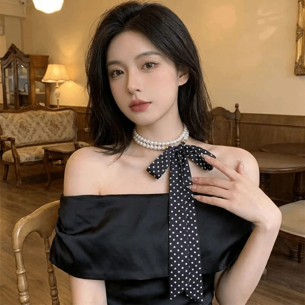 French Style Polyester Polka Dot Scarf Necklace Silk Black White Color Ribbon Neckband Lightweight Faux Pearl Bow Tie Daily