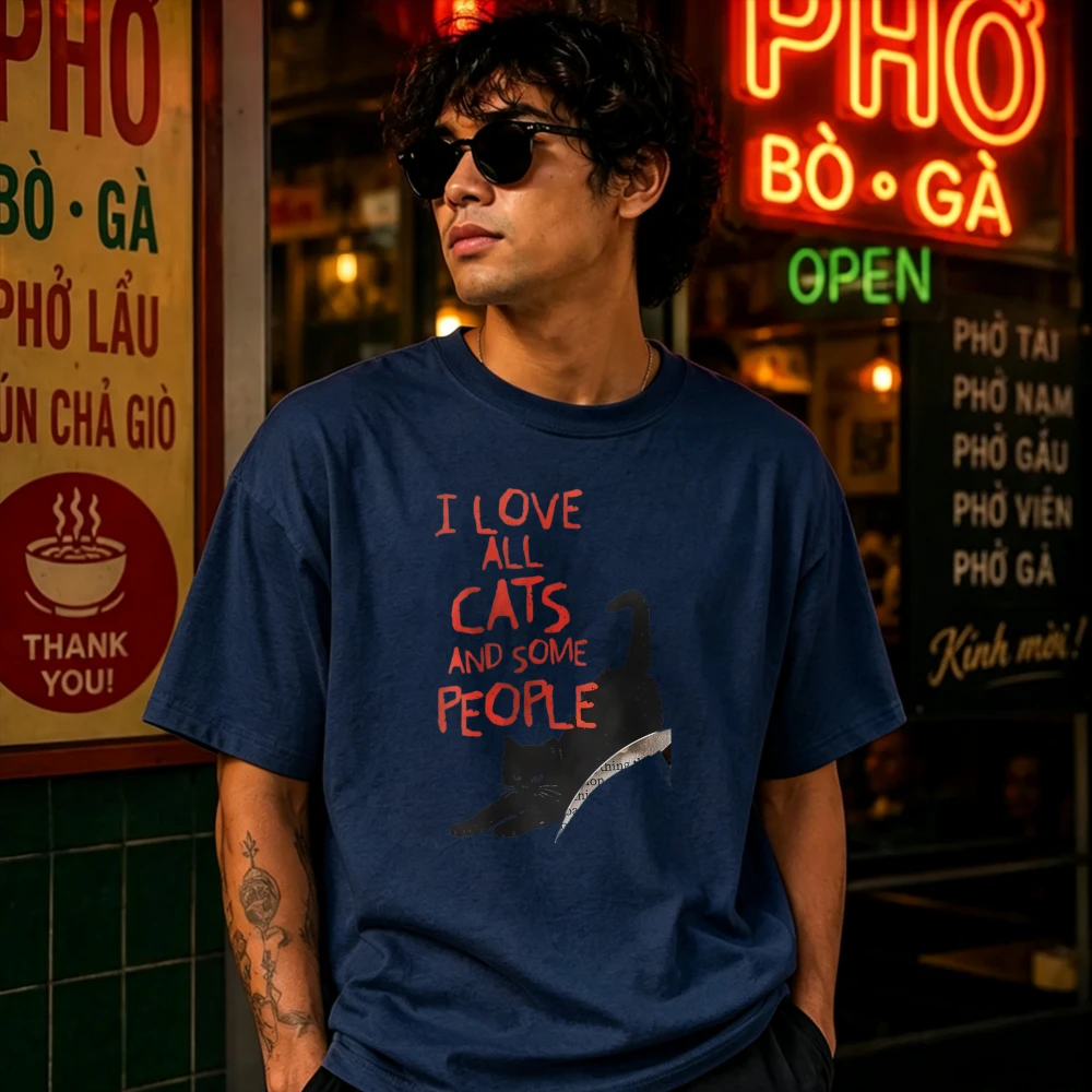 MEN'S I Love All Cats and Some People Black Cat T-Shirt, Funny Introvert Cat Lover Graphic Tee, Sassy Kitty Casual Cotton Shirt