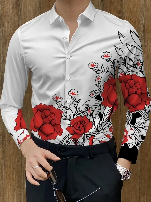 New Men's Long Sleeve Shirt Fashion Western Horse Casual Versatile Fashion 3D Flower Printed Summer Top