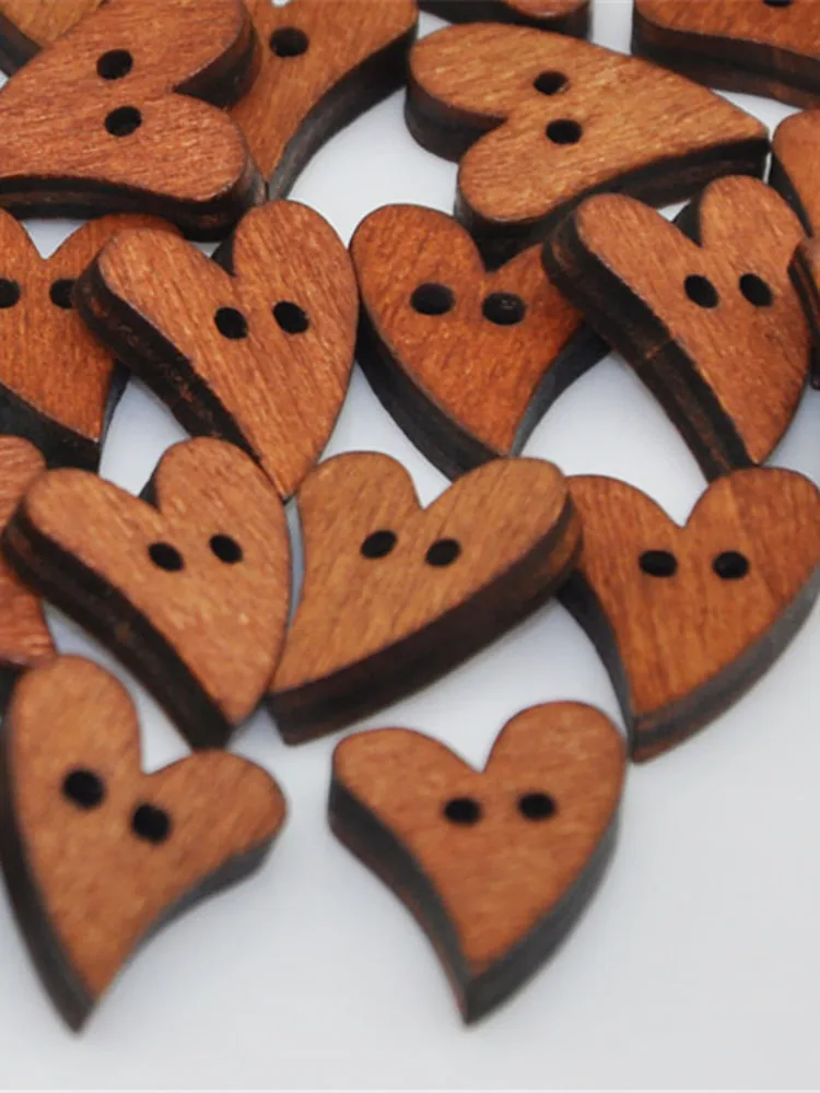 50PCs Heart Shaped Wooden Sewing Buttons Scrapbooking DIY Brown Wood 2 Holes Button for Crafts Accessories WB140