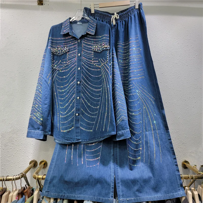 Drilling Rhinestones Denim Shirt Starry Diamonds Jeans Blouses Cowboy Cardigan Tops+Wide Legs Crystal Denim Pants Jeans 2Pcs Set