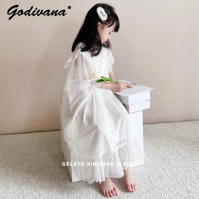 Little Girls Sweet Breathable Thin Modal Nightgown 2026 Summer New Fashion Feifei Sleeve Lace Trim Princess Ice Silk Loungewear