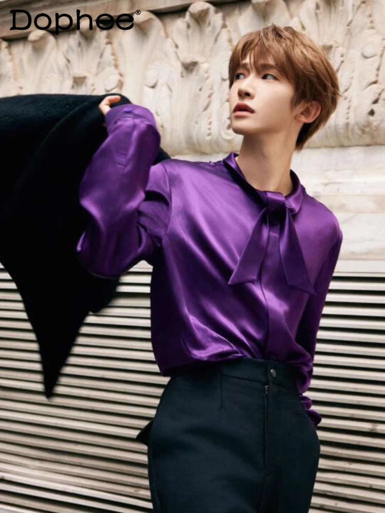 

Men's Women's 2025 Four Seasons Wear Fashion Satin Shirts Men's Personality Design Trendy Tops Stylish Bow Tie Handsome Shirt