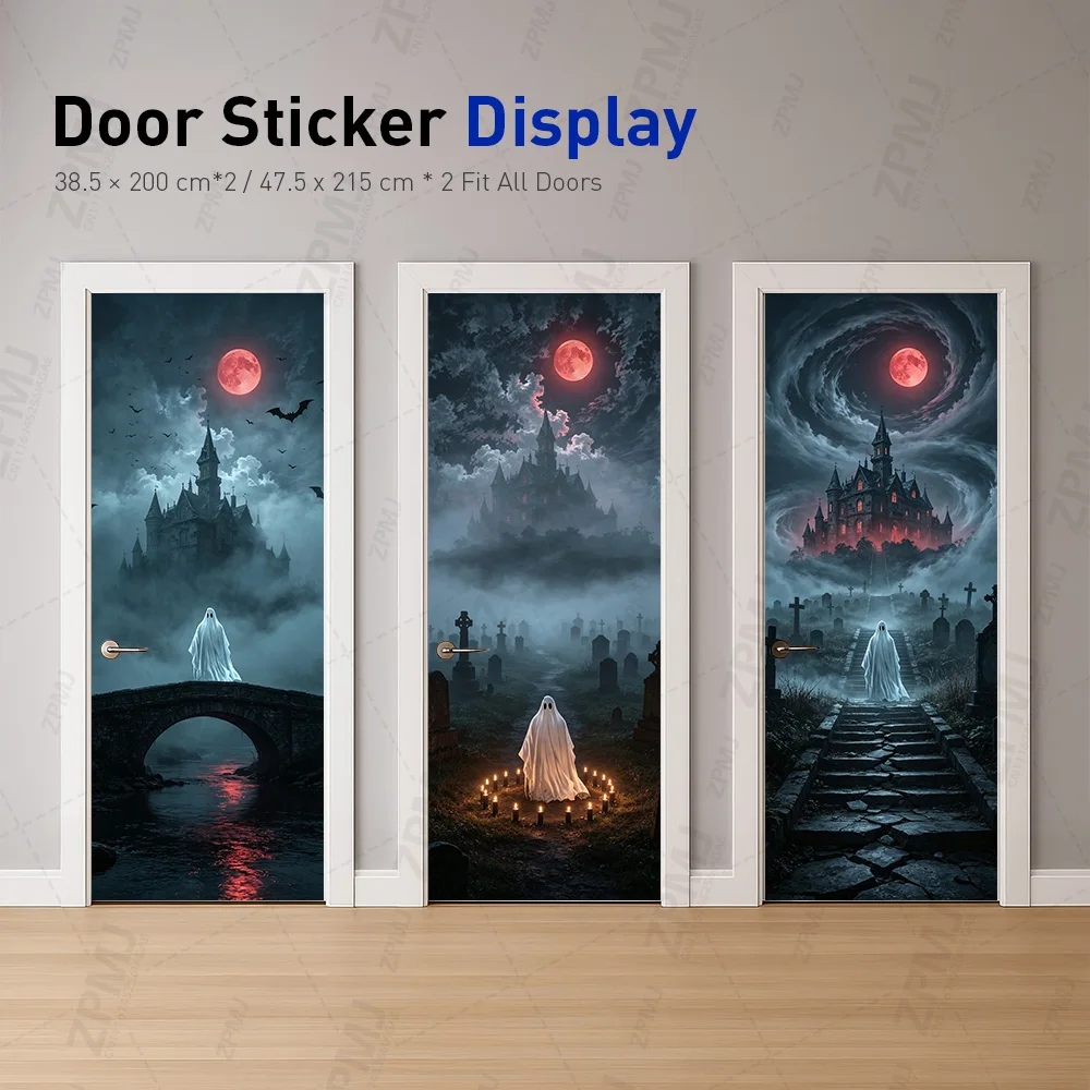 PVC Self‑Adhesive Door Decal, Spooky Ghost Red Moon Castle, Halloween Waterproof Wipeable Sticker for Bedroom Home Door Makeover
