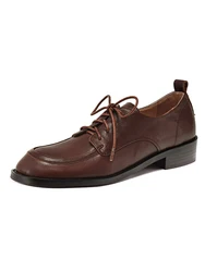NEW 2025 Women Derby Shoes Genuine Leather Spring Autumn Lace Up Shoes Elegant Black Brown Round Toe Splicing Low Square Heels