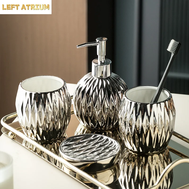 Light Luxury Electroplated Ceramic Wash Set Creative Soap Dispenser Mouthwash Cup Soap Dish Set Home Bathroom Accessories Set
