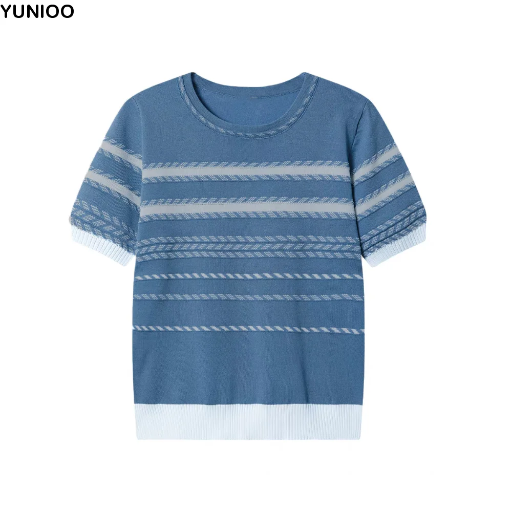 

Stylish Ins Short Sleeve Crop Top Summer Female Clothing Stripe Knitted T-shirt Bottoming Shirt Loose Knitwear Women Summer
