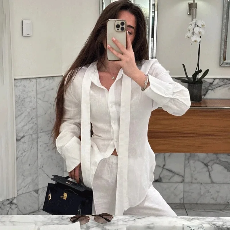 

Ticketsx Women's Lace Up Blouses Solid Fashion Single Button Ribbon Slim Shirts Tops Elegant Casual Female High Street Clothing