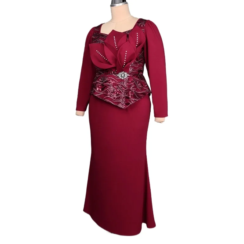 Luxury Women Sequin Mermaid Dress Square Collar Long Sleeves Floral Applique Formal Evening Dinner Party Wedding Guest Gowns