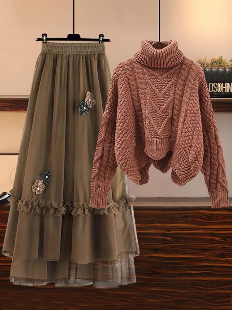 Women's High Collar Twist Sweater Loose Slimming Korean Design Half Body Skirt Two Piece Set Sweet Style Online Exclusive