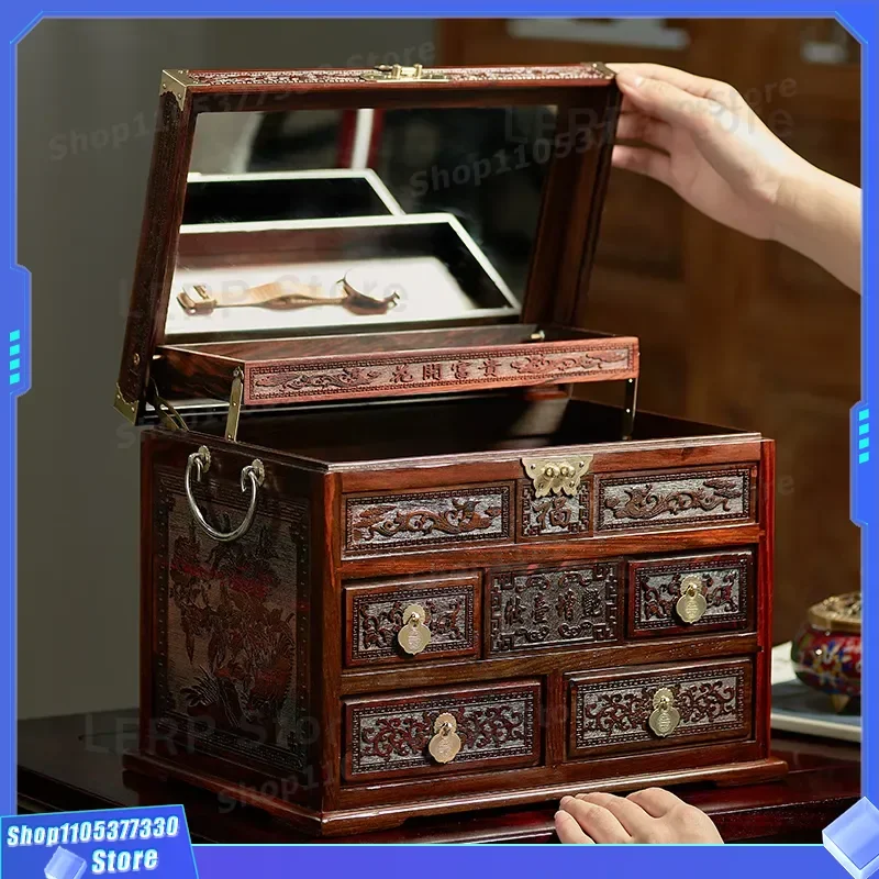 Lao Big Red Rosewood Jewelry Box Solid Wood Chinese Retro Storage Organizer Mahogany Dresser Case for Women Gift Elegant