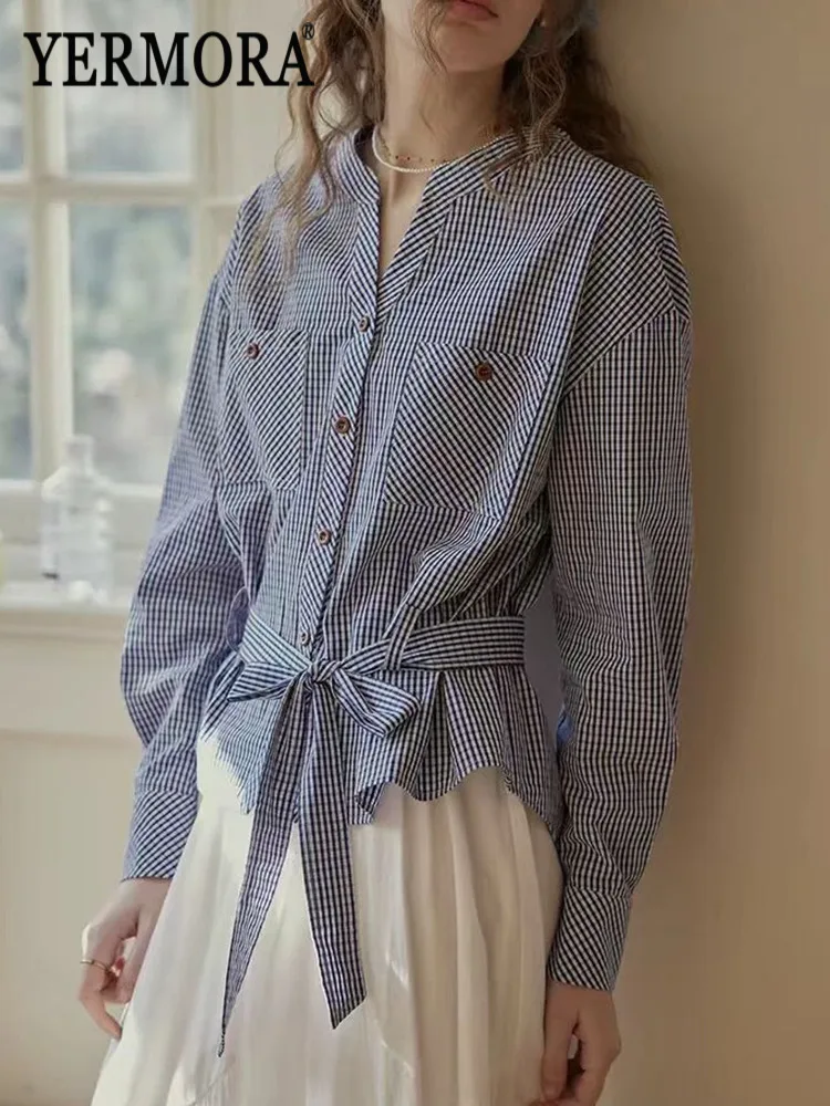 

YERMORA Blue Plaid Belted Casual Blouse For Women V-Neck Long Sleeve Loose Fit New Shirt Fashion Tide Spring Autumn 2026