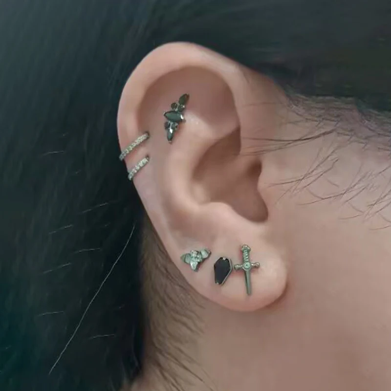 Titanium Curved Bar Earrings with Flower Design