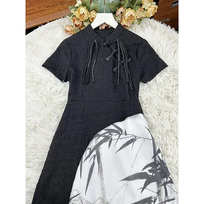 Black New Chinese Style Cheongsam Women Short Sleeve Long Dress Wedding Costumes Ink Printing Gentleness Dresses S To XXL