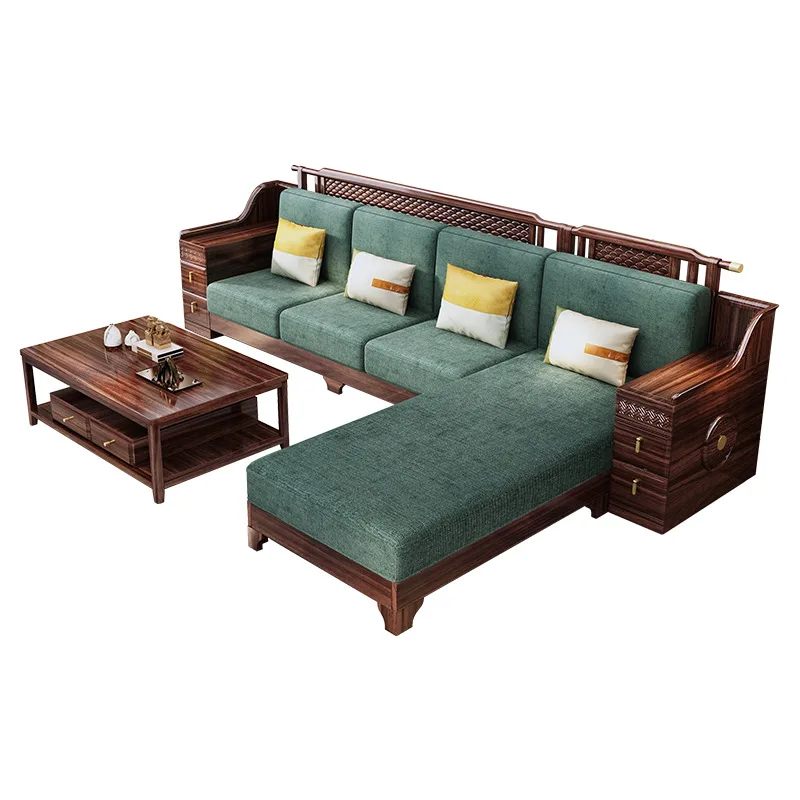 

New Chinese Black Gold Wood Sofa Villa Living Room Large Solid Wood Sofa Winter and Summer Corner Chaise Leather Sofa
