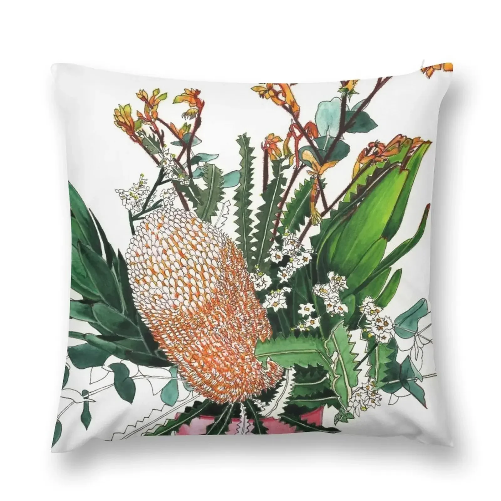 Australian native arrangement Banksia Kangaroo Paw Throw Pillow Pillow Covers Decorative Sofa Covers Pillow Cases