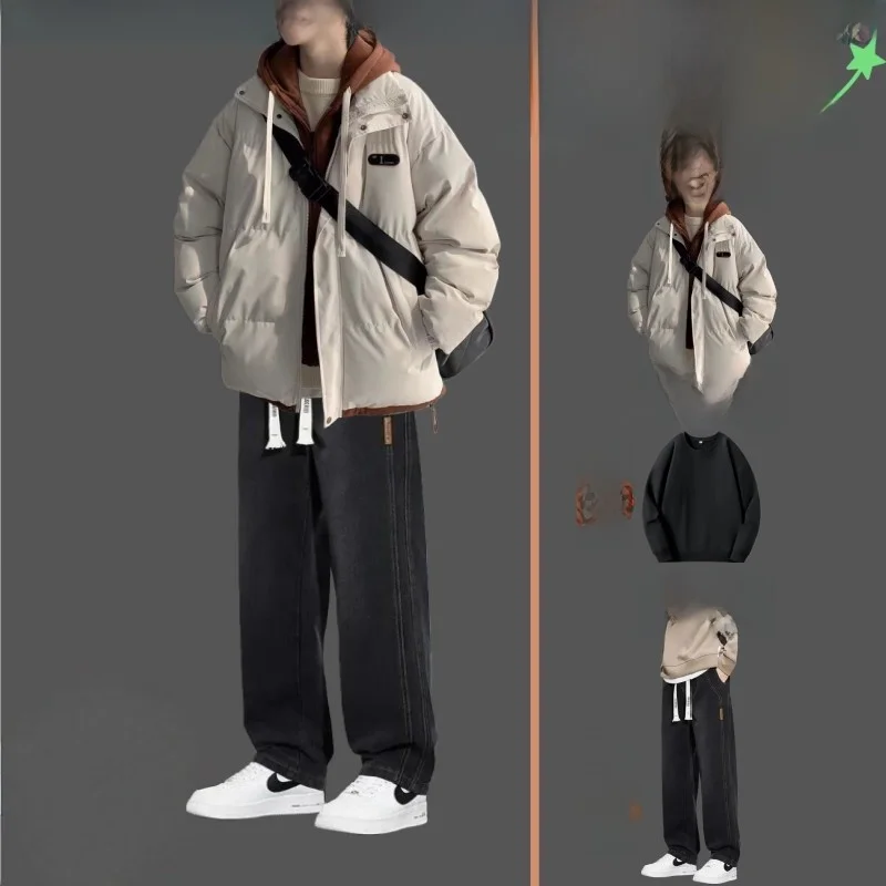 

Теплый хлеб на подкладке, зимняя футболка с капюшоном, мужская одежда, одинаковый комплект, повседневная спортивная одежда для подростков