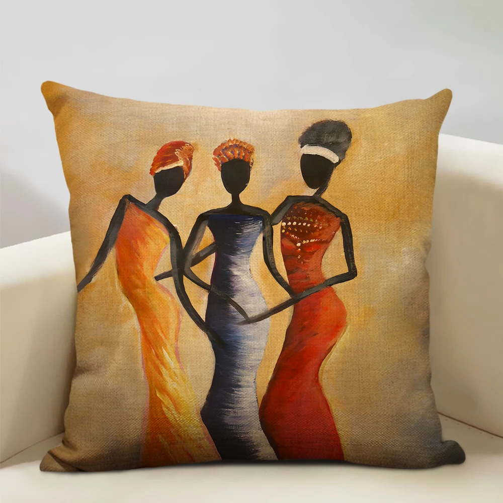 African Woman Culture Art Cushion Cover Watercolor Painting Dancing Africa Lady People Pillowcase Linen Pillow Case