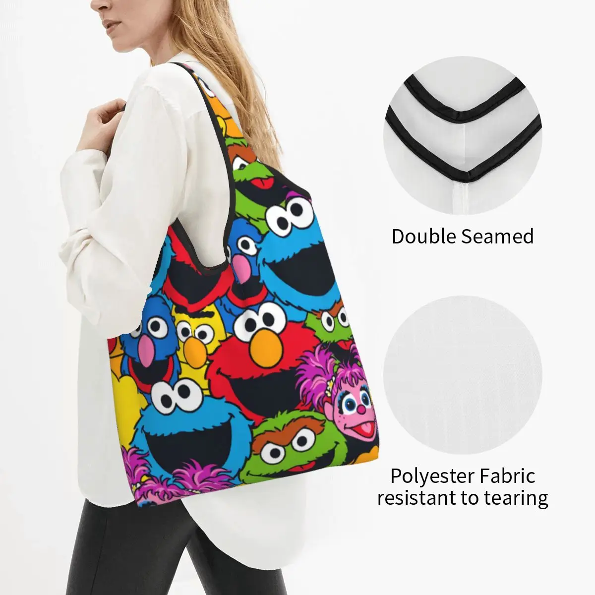 Custom Recycling Sesame Street Cookie Monster Shopping Bag Women Tote Bag Portable Happy Elmo Groceries Shopper Bags