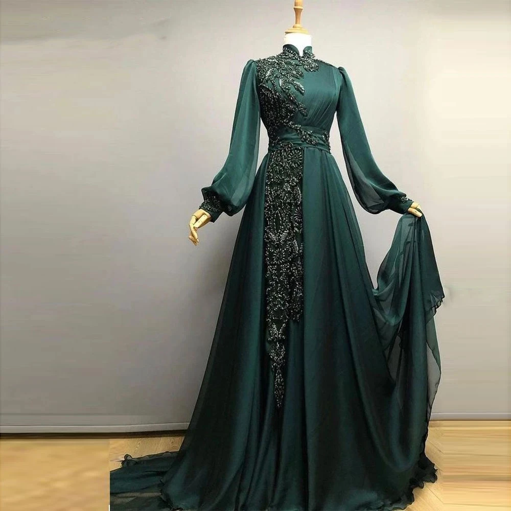 Muslim Evening Dresses For Women Chiffon Long Sleeve abendkleider Beaded Moroccan Caftan Muslim Prom Gowns Applique Robe Vestido