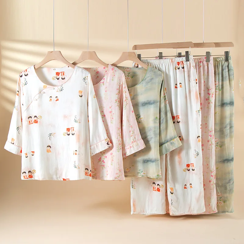 Retro Print Autumn Women's Pajamas Suit Long-Sleeved Trousers Two-Piece Sleepwear Female Clothes Home Nightwear Pyjama Femme