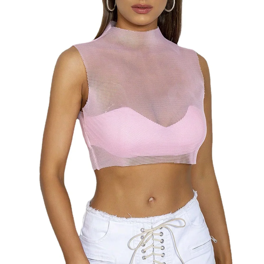 AKYZO-T-shirt en résille transparente pour hommes et femmes, chemise courte sexy, t-shirt à filet rose, chemisier à la mode, vêtements Y2K