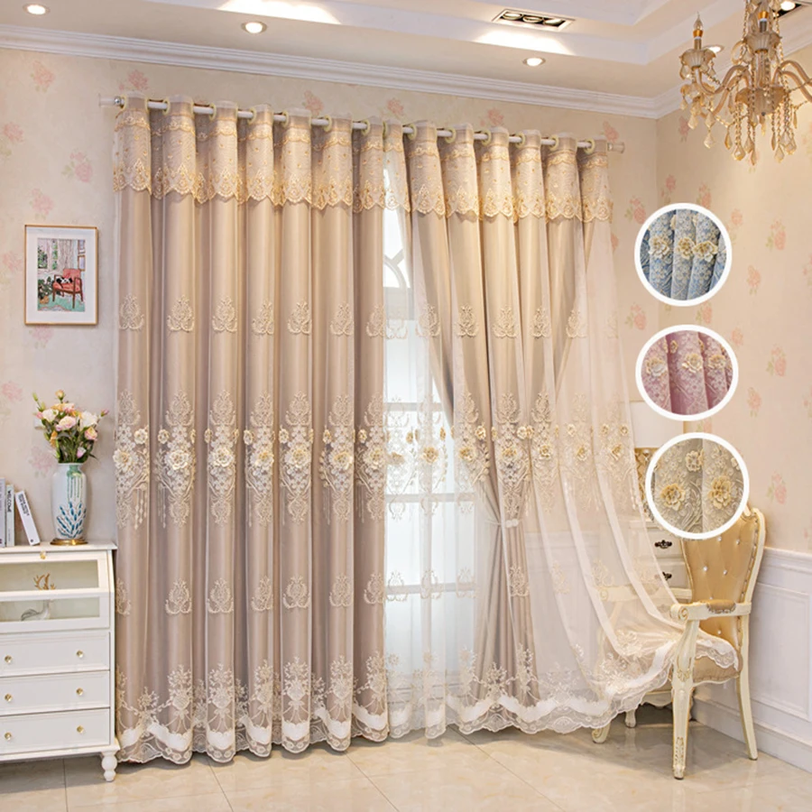 

Beige Embossed 3D Embroidered Bedroom Curtains Luxury Elegant High Shading Double Layer Integrated Drapes For Living Room Decor