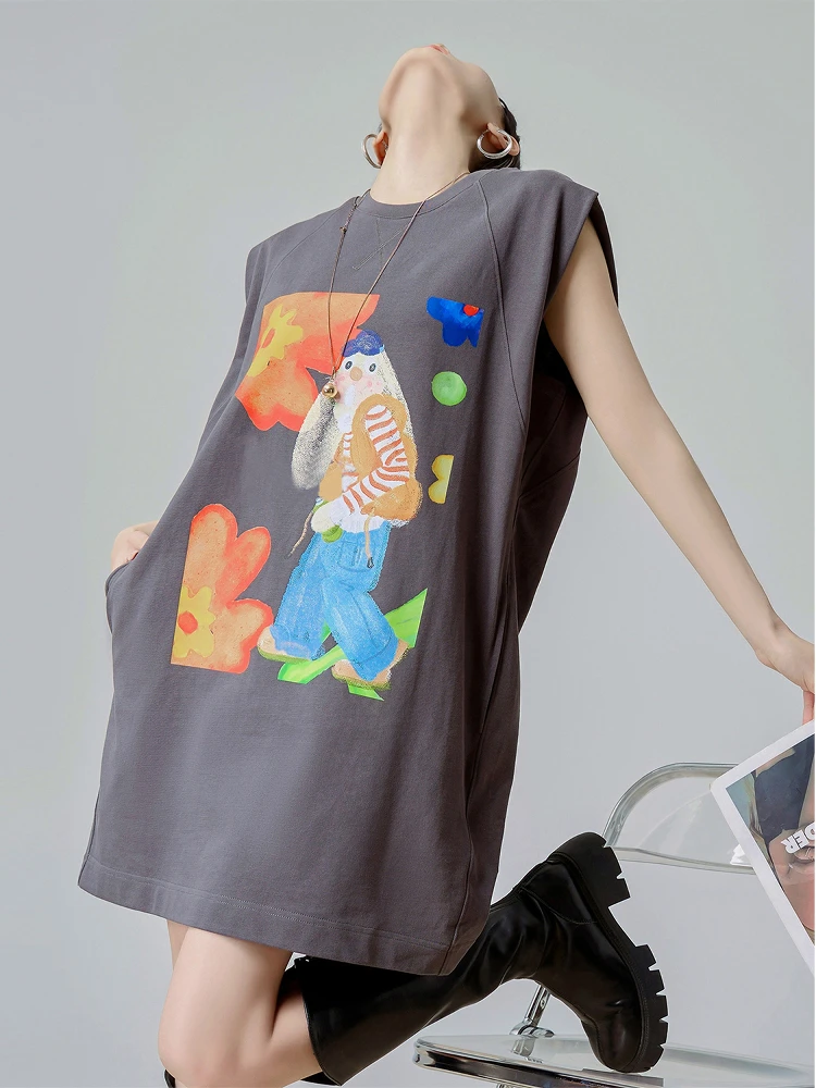 

Retro American ey Print Svel Long T-irt Women's Summer New Loose Dr Trendy Casual Sle Polyester Fiber round Ne