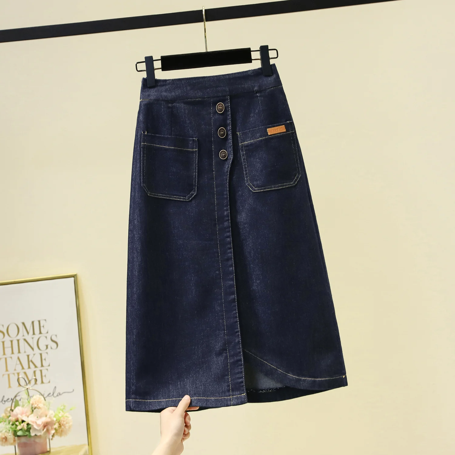 Size Elastic Waistband Stretch Denim Mid Length Skirt Slimming A-line Split Skirt