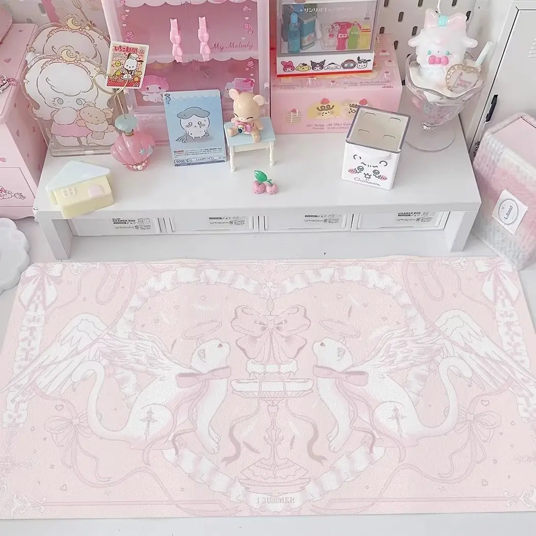 Pink Angel Cat Leather Desk Pad Protector Non-Slip Large Small Mouse Pad Pc Home &Office Desk Mat PU Leather Laptop Desk Pad