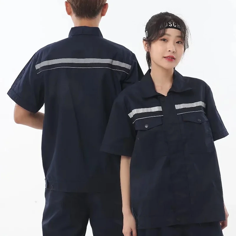 맞춤형 로고 반팔 작업복 탑 Diy 디자인 로고 자동차 수리 및 청소 작업복 멀티 포켓 반사 셔츠 LS-907