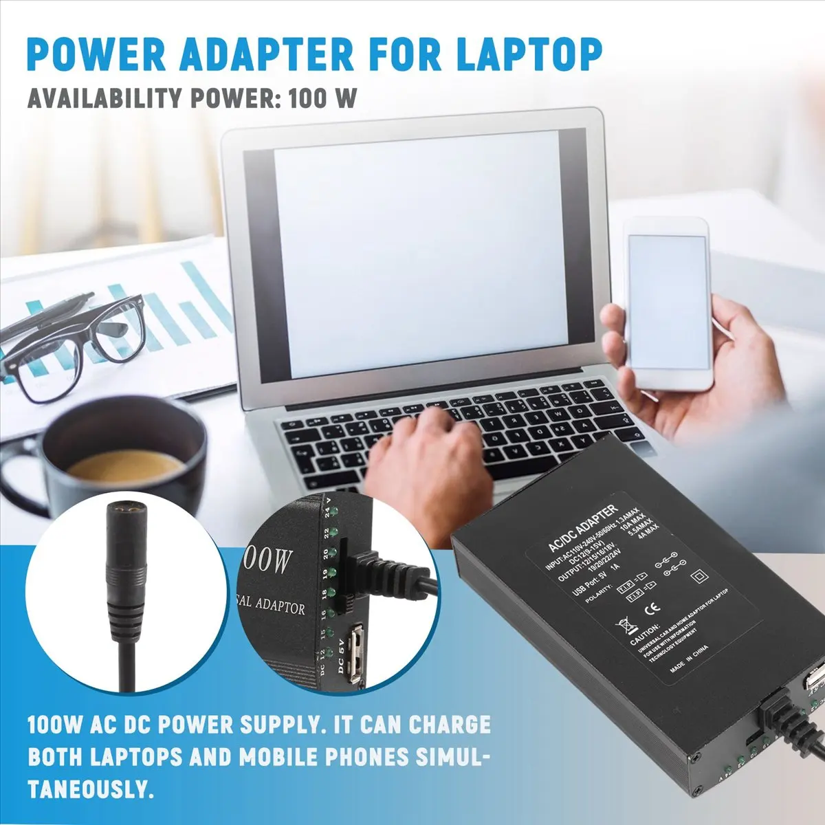 A1533Z~Universal 12V-24V AC Power Adapter Adjustable Car Home Charger USB12V Power Supply 100W 5A Laptop with 38Pcs DC Connector