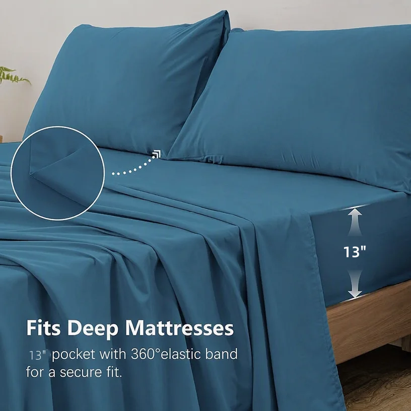 4Pcs King Size Bed Sheet Set 100% Cotton Comfortable Deep Pocket Fitted+Flat Sheet+Pillowcase Brief Soft Blue Home Hotel Bedding