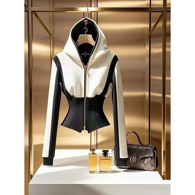 French White Black Patchwork Hooded Sweatshirt Women Jacket Waist 2025 Elegance Casual Office Lady High End Crop Top Zipper Coat